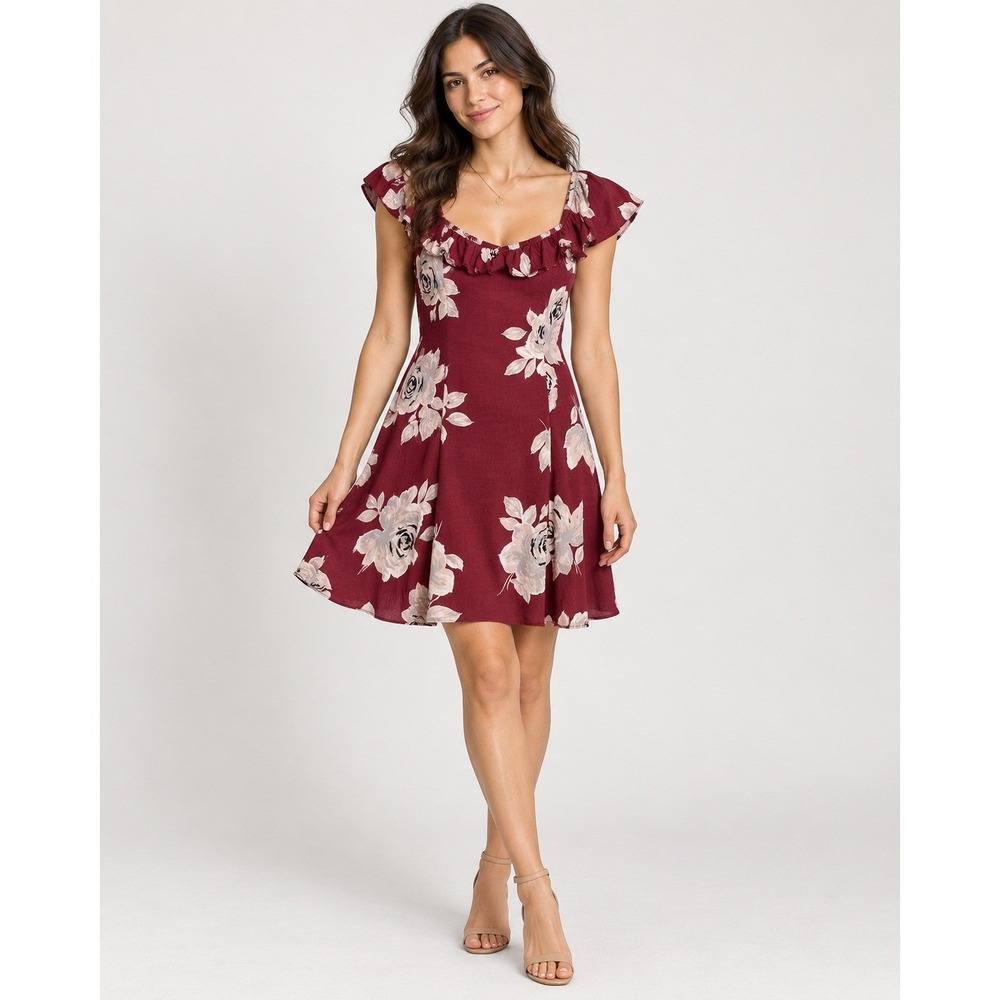 Le Chateau Burgundy Floral Off Shoulder Ruffle Mini Dress XS
